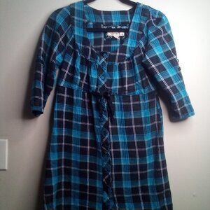 Decree Shirt M Women Button Up 3/4 Sleeve Plaid Blue Black